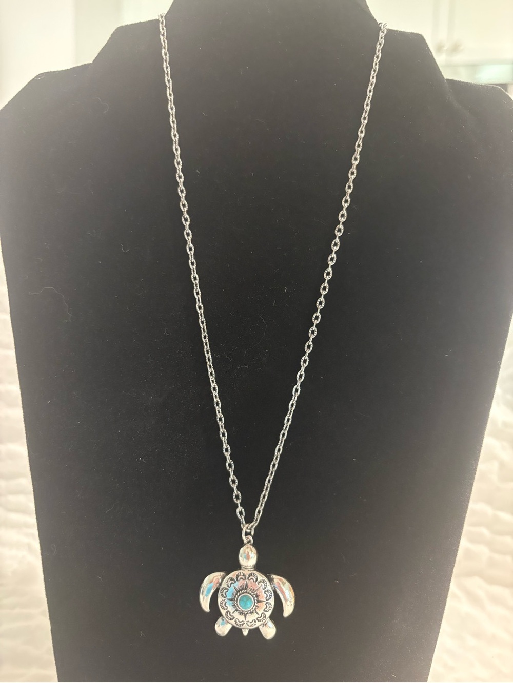 Silver-Tone Turtle Pendant Necklace with Turquoise Accent